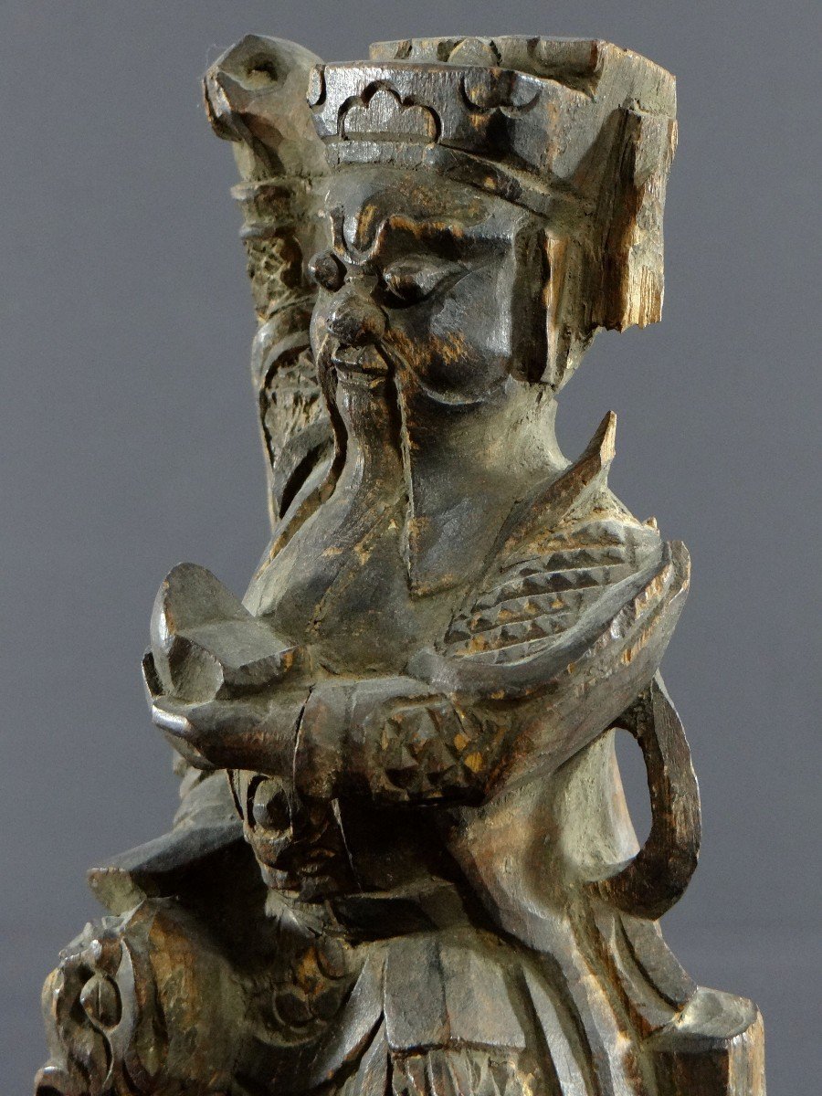 China, XIXth Century Or Earlier, Chao Kung Ming Carved Wood Statue, God Of Wealth.-photo-6