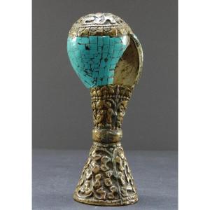 Tibet, Early 20th Century, Repoussé Copper And Turquoise Stamp.