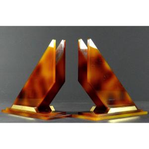 France, 1960s, Pair Of Modernist Bookends In Plexiglas And Golden Metal.