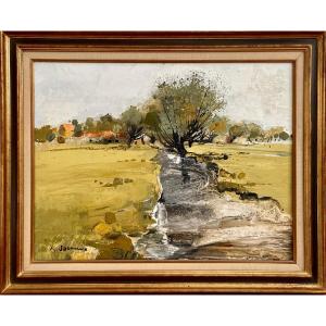 Michel Jouenne (1933-2021), Painting Landscape View At The River 1970s/1980s.