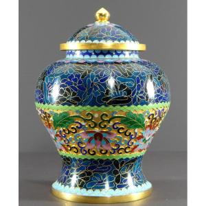 China, 1950s/1960s, Covered Pot In Cloisonné Enamels On Copper With Floral Decor.