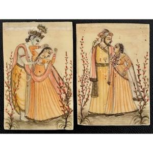 Inde, XIXème Siècle, Deux Peintures Sur Ivoire Couples Royaux Ou Divins. 