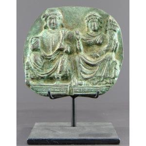 Gandhara, 1st-3rd Century, Large Bronze Plaque Decorated In Relief Of Panchika And Hariti.