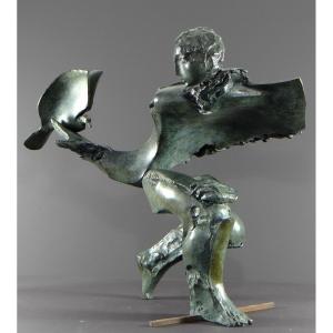 Bernard Vié (born In 1947), Bronze Statue "the Young Man And The Bird".