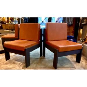 France, 1960s, Pair Of Wood And Faux Leather Low Chairs, Design Esprit André Sornay.