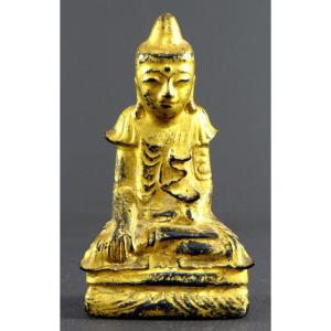 Birmanie, Début Du XXème Siècle, Statue De Bouddha En Bois Laqué à La Feuille D’or.