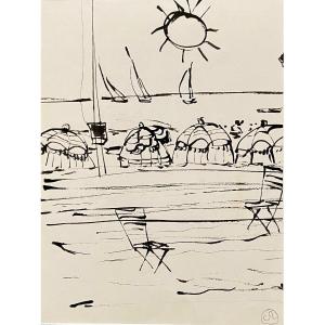 Gabriel Zendel (1906-1992), Drawing In Black Ink On Paper "beach Scene" 1970s. 
