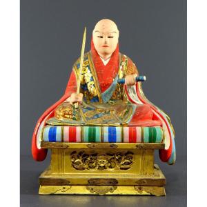 Japon, Début Du XXème Siècle, Statue En Bois Et Plâtre Polychrome Du Moine Nichiren Shonin.