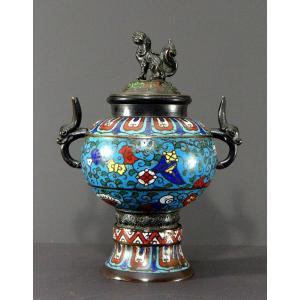 China, End Of The 19th Century, Bronze Incense Burner In Cloisonne Enamels With Floral Decoration.