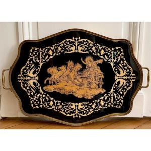 Italy, Intarsitalia, Circa 1960, Lacquered Wood Tray Phaethon Decor On The Chariot Of The Sun. 