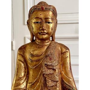 Burma, Kingdom Of Mandalay, 1930s/1950s, Buddha In Golden Wood Decorated With Glasswork. 
