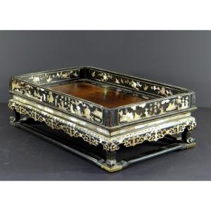 Vietnam, 19th Century, Scholar's Tray In Mother-of-pearl Inlaid Wood Made On Two Levels.