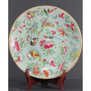 China, Canton Province, First Half Of The 19th Century, Celadon Green Porcelain Plate.