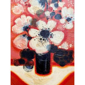 Frédéric Menguy (1927-2007), Oil On Canvas From The 1970s Titled “white Flowers”.