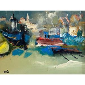 Jordi Bonas (1937-2017), Painting "boats In Port", Oil On Canvas From The 1970s. 