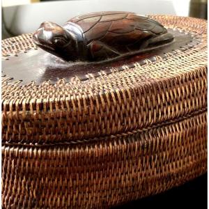 Indonesia, Island Of Lombok, Mid-20th Century, Basketry Box. Decorated With A Turtle.
