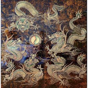 Vietnam, 1960s/1970s, Important Pair Of Dragons And Sacred Pearl Lacquer Panels. 