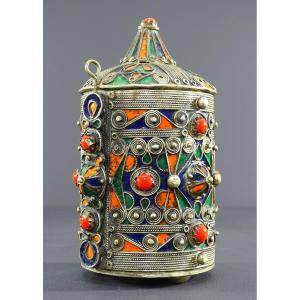 Algeria Region Of Greater Kabylia, Silver Metal Bracelet Mounted In Box, Decorated With Enamel