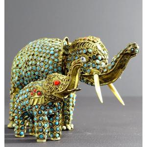 Tibet, 1920s/1930s, Set Of Two Repoussé Copper Elephants Decorated With Enamel Beads.