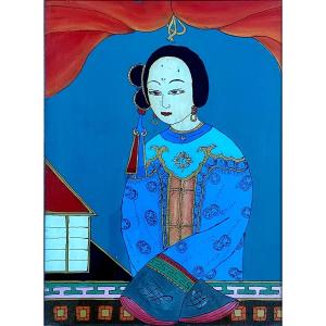 China, 1920s, Glass Painting Depicting A Court Lady In Traditional Dress