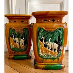 China, First Third Of The 20th Century, Pair Of Ming Period Glazed Earthenware Stools.