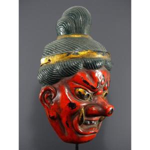 Japon, Années 1940/1950, Masque En Bois Et Laque Sèche Figurant L’un Des Gardiens De Temples.