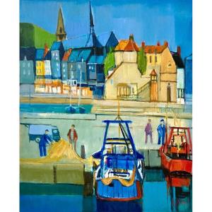 André Duret (1921-2019), Painting View Of The Port Of Honfleur, 1970s.