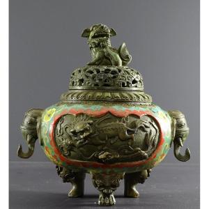 China, 1920s/1930s, Bronze Incense Burner With Cloisonné Enamels And Animal Decor. 