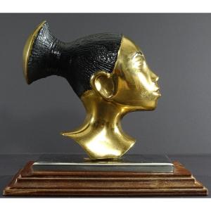 France, Années 1930/1950, Profil De Femme Mangbetu En Bronze Sur Socle Métal Chromé Et Bois.