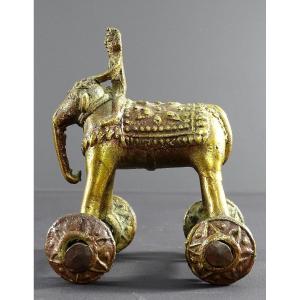 India, Early 20th Century, Bronze Toy Mahout Perched On An Elephant. 