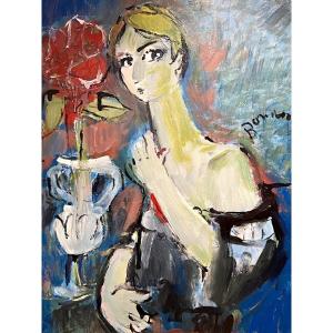 Mario Bonamici (1912-2002), Painting Young Elegant Woman With Red Flower.