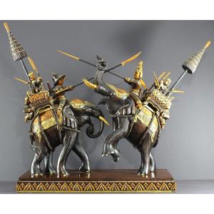 Burma, 1950s/1960s, Large Wooden Group Anglo-burmese Battle On Elephants