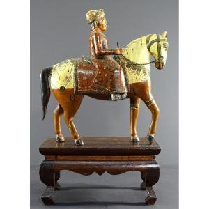 India, Mid-20th Century, Polychrome Wooden Group Of Rider On His Harnessed Mount. 