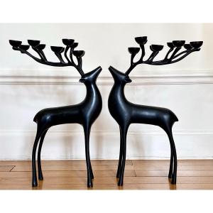 France, 1980s, Large Pair Of Ten-light Bronze Candlesticks Depicting Deer. 