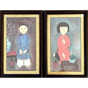 Mai Trung Thu Dit Mai Thu (1906-1980), Pair Of Prints On Paper 1970s Boy And Girl