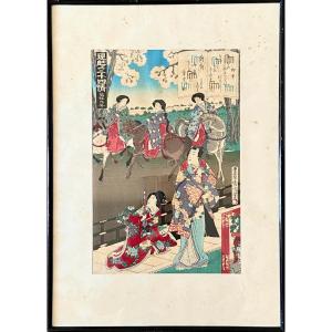 Japon, XIXème Siècle, Estampe Aux Cavaliers Par Kunichika (1835-1900).