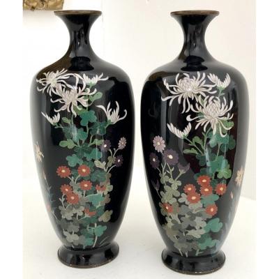 Japan, Last Third XIXth Century, Meiji Era, Pair Of Cloisonne Enamel Vases Over Silver.