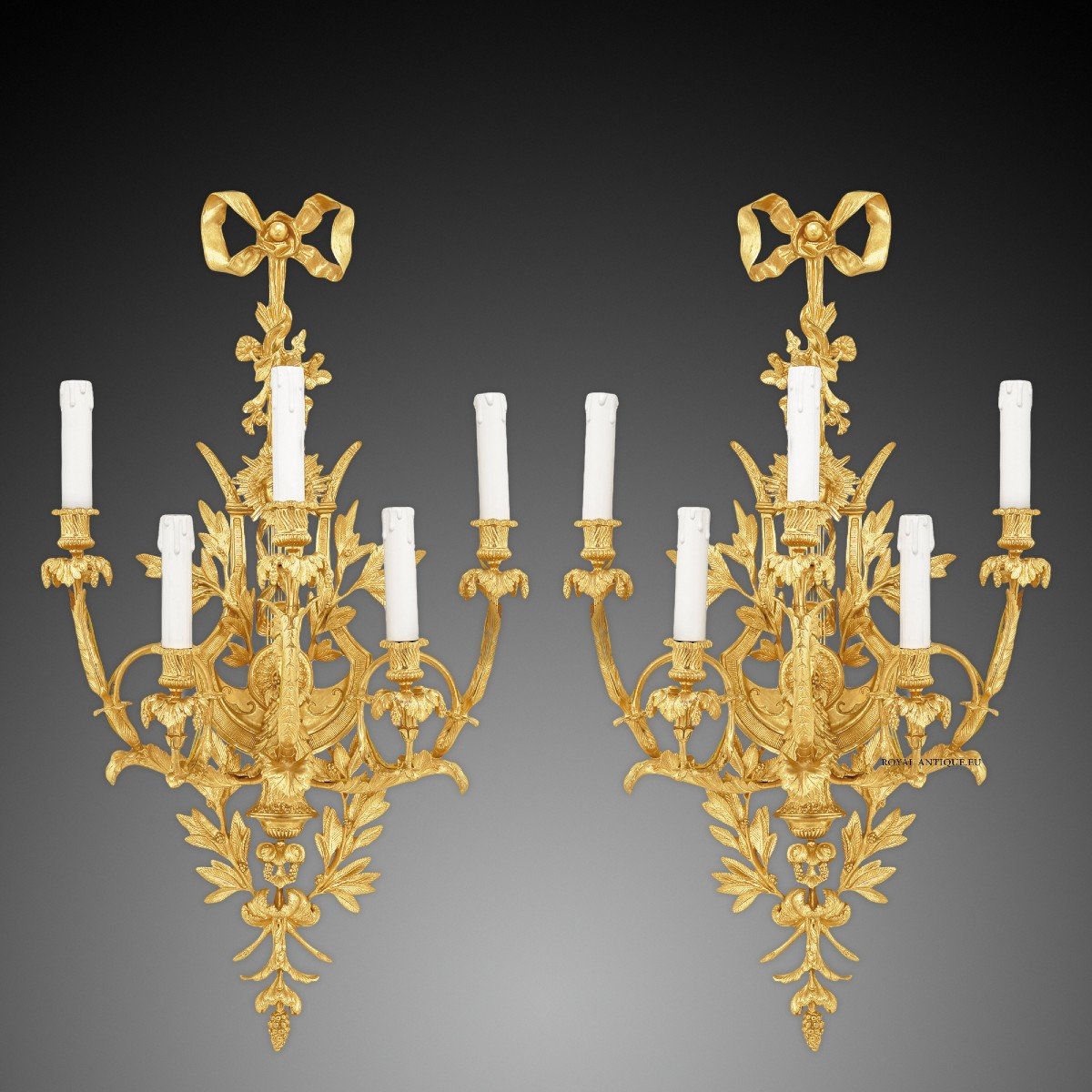 Pair Of Wall Lamps In Louis XVI Style, 24 Karat Gold Plated.