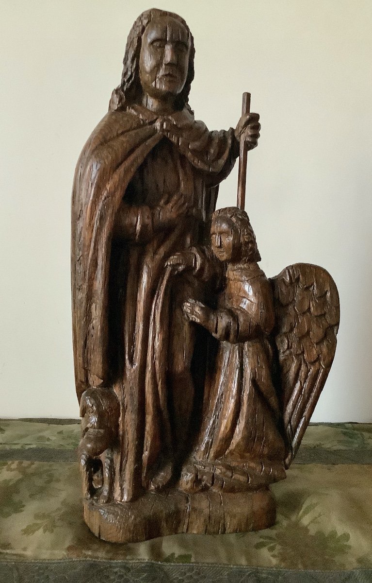 St Roch, l'Ange Et Le Chien. Bois Sculpté Du XVIIe Siècle