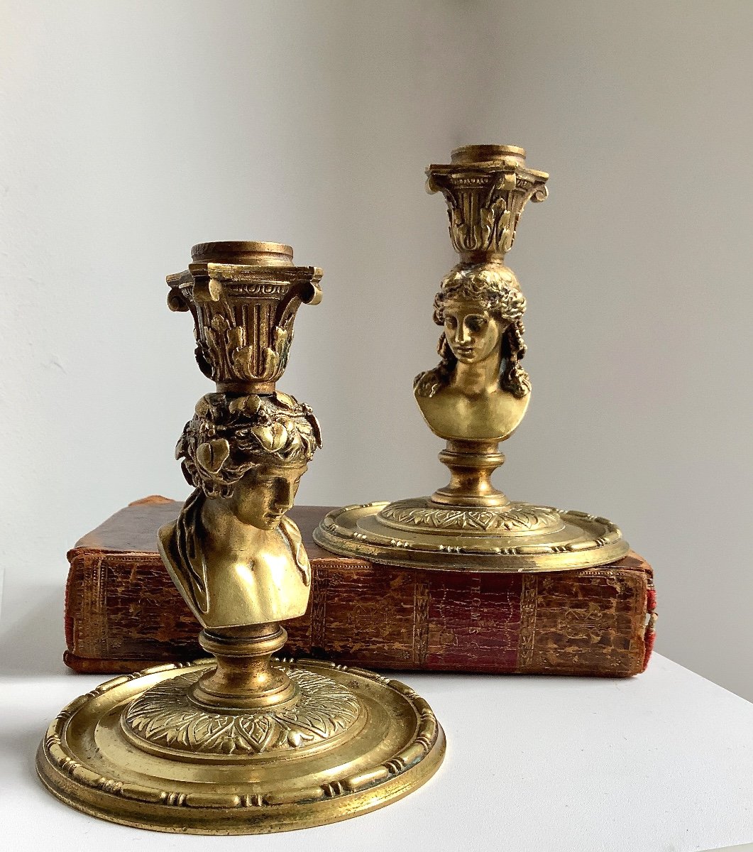 Ariadne And Antinous. Pair Of Small Bronze Candlesticks-photo-6