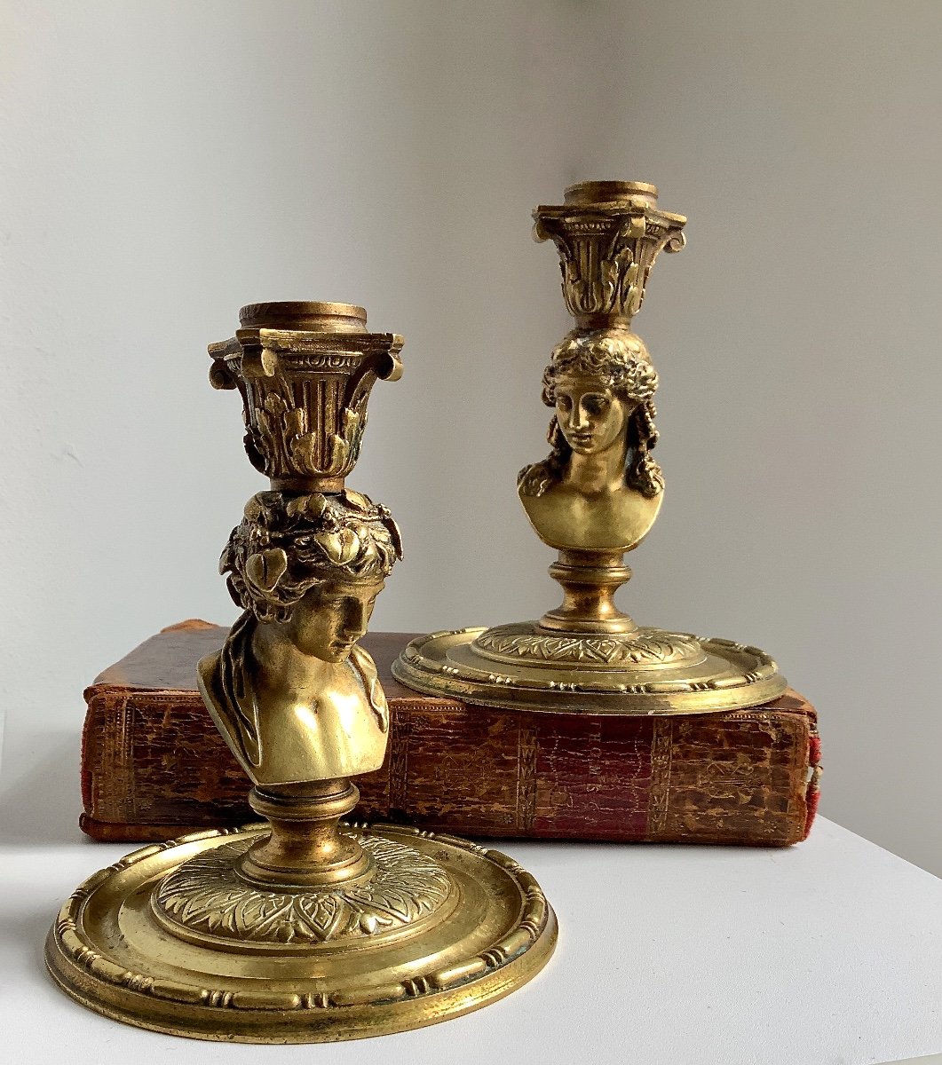 Ariadne And Antinous. Pair Of Small Bronze Candlesticks