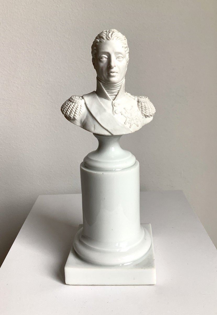 Bust Of Charles X. Biscuit On Porcelain Pedestal. 19th Century