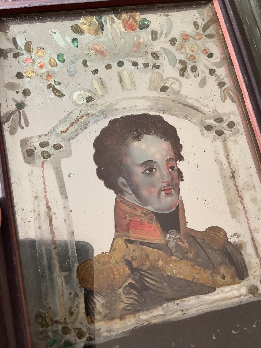 Portrait De Militaire. Fixé Sous Verre Sur Miroir. Vers 1820.-photo-2