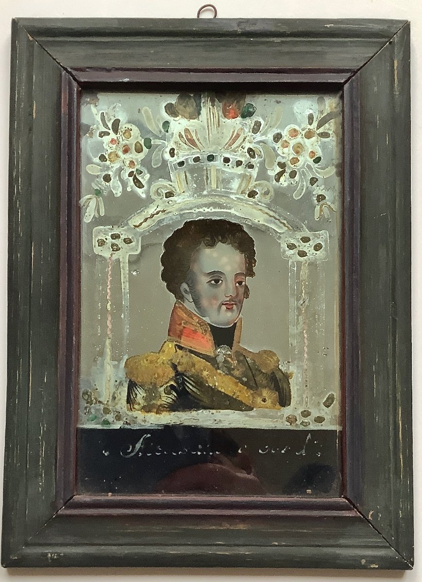 Portrait De Militaire. Fixé Sous Verre Sur Miroir. Vers 1820.