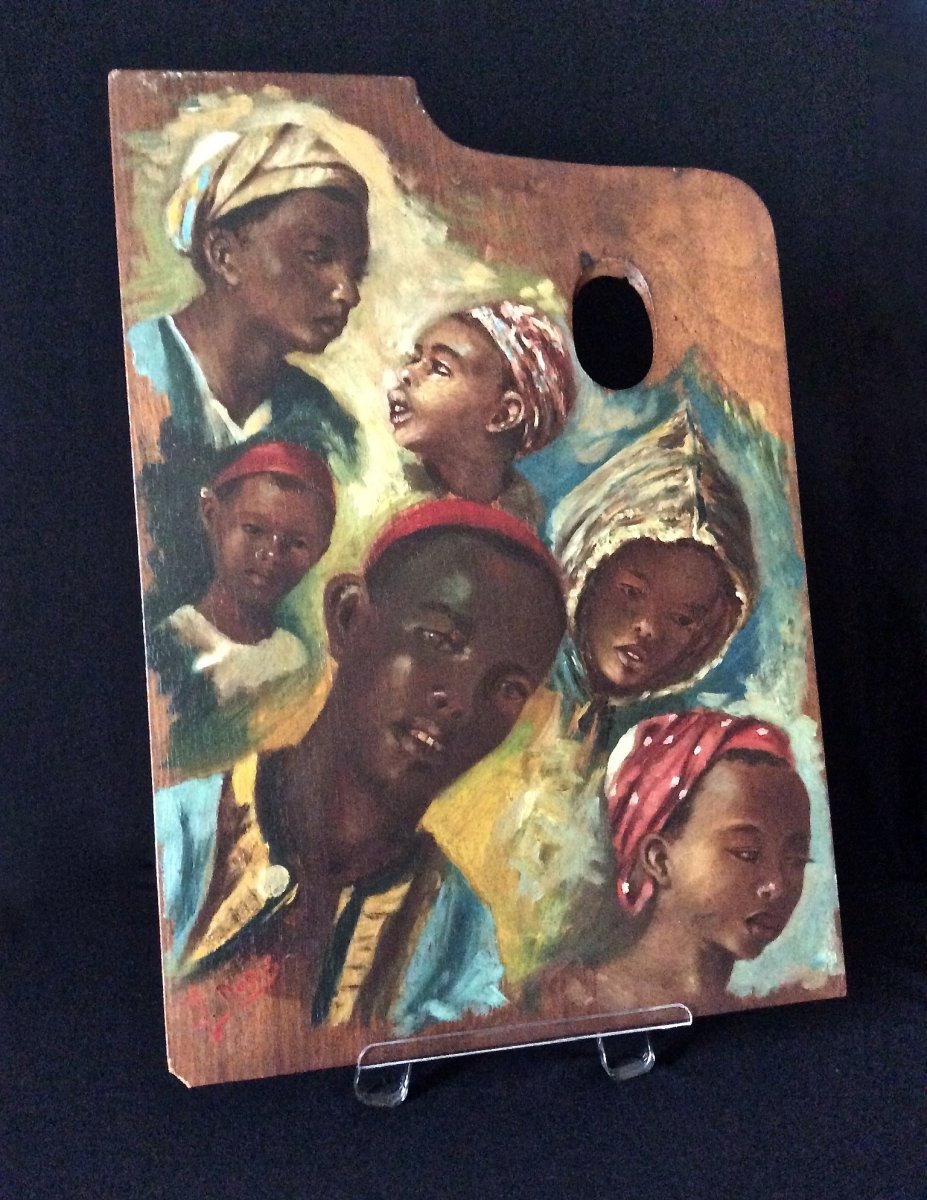 Visages d'Enfants Peints Sur Palette Par J. Doris. Ecole Orientaliste Du XIXe.