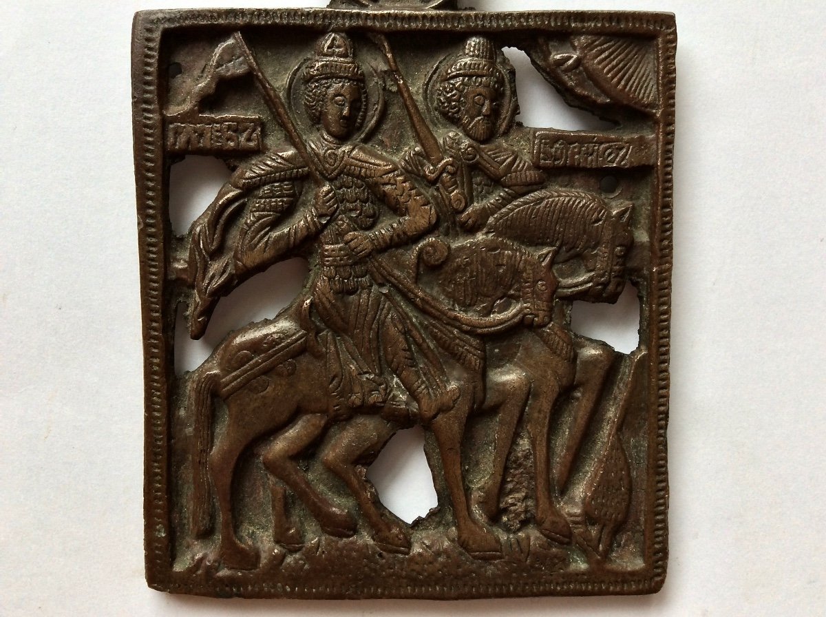 Art Russe. Saint Boris Et Saint Gleb. Icône De Voyage En Bronze-photo-3