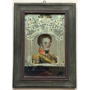 Portrait De Militaire. Fixé Sous Verre Sur Miroir. Vers 1820.