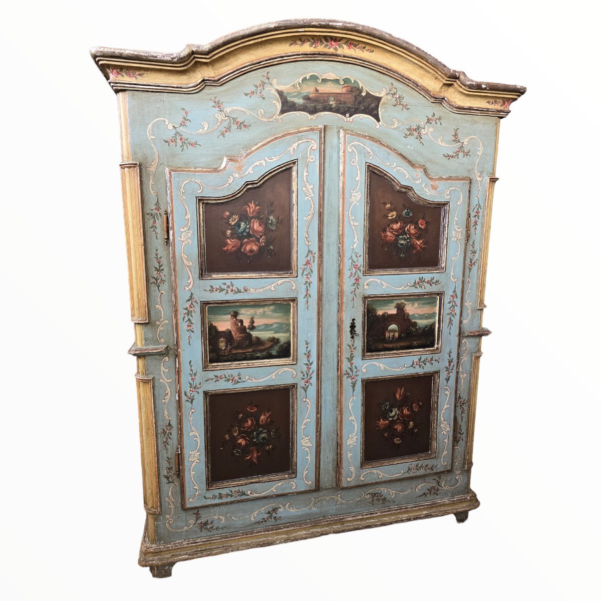 Antique 17th Century Painted Wooden Wardrobe With Painted Scenes-photo-2