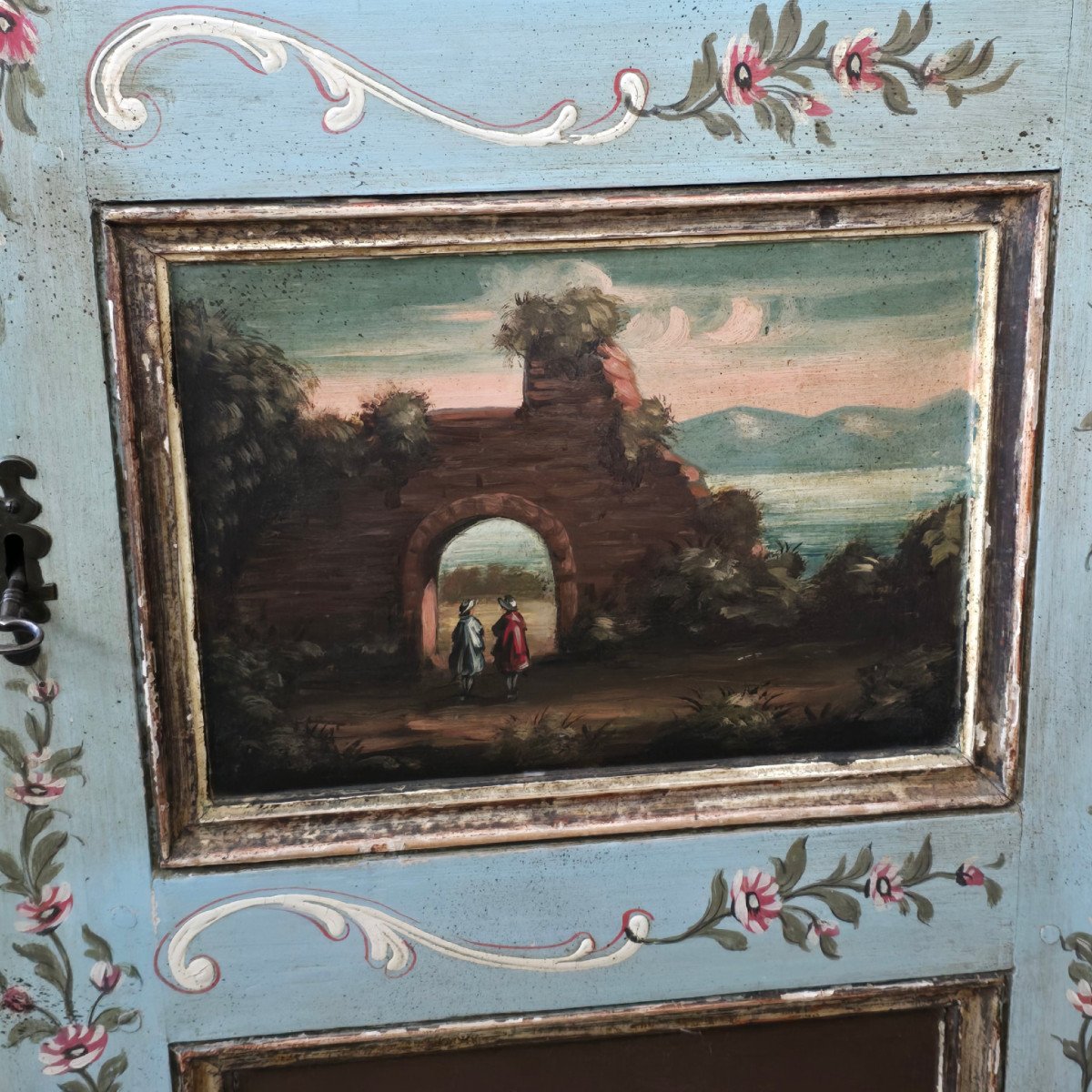 Antique 17th Century Painted Wooden Wardrobe With Painted Scenes-photo-3