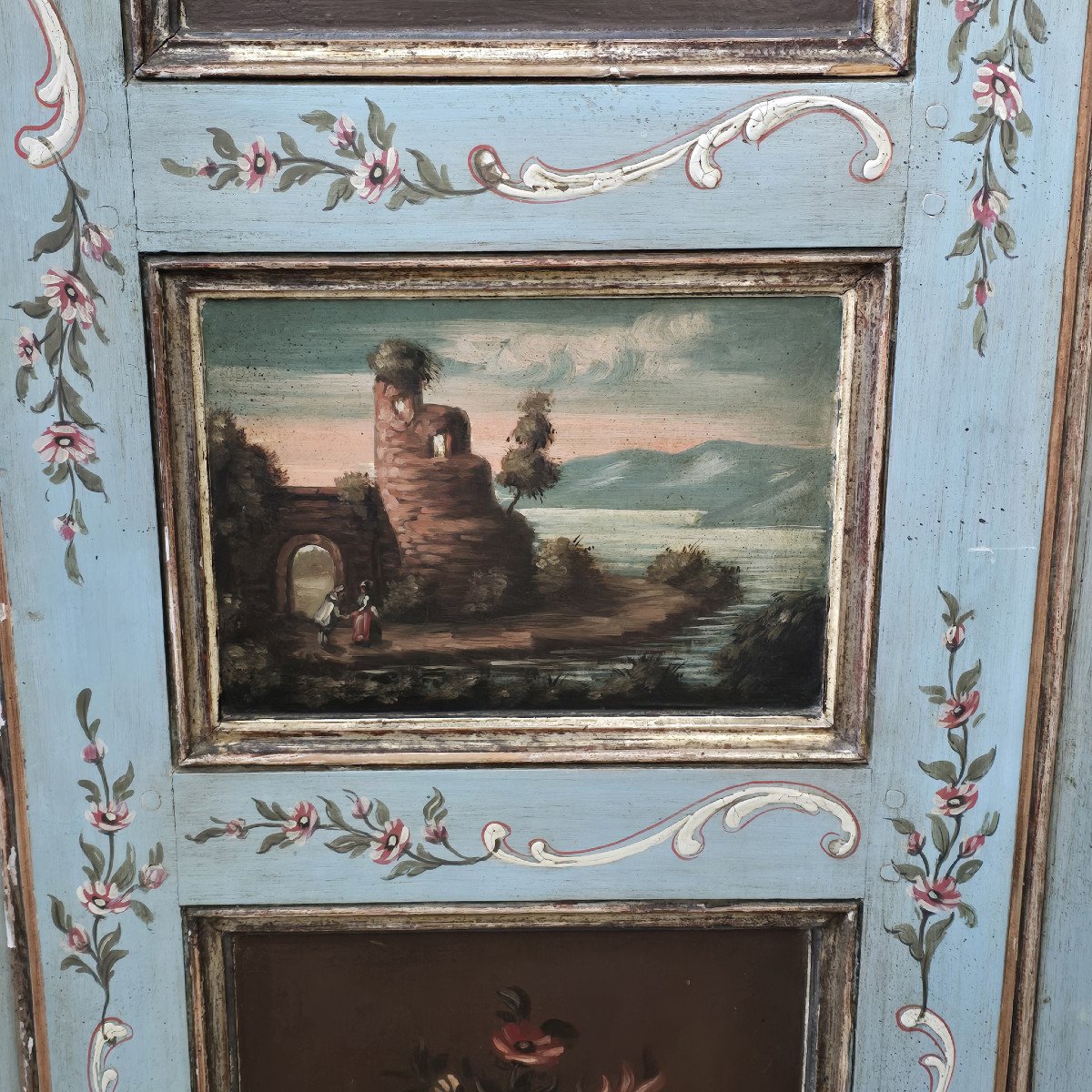 Antique 17th Century Painted Wooden Wardrobe With Painted Scenes-photo-7